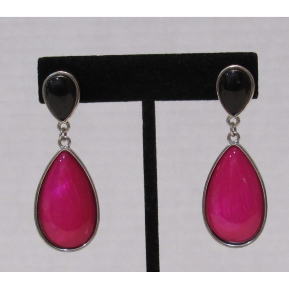Vintage Pink and Black Teardrop Drop Earrings Silver Tone Iridescent Statement